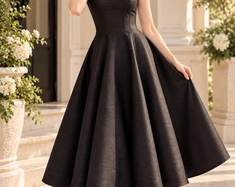Black Silk Dupioni Dress, Elegant A Line Midi Dress, Sleeveless Cocktail Dress, Fit and Flare Party Dress, Formal Evening Dress