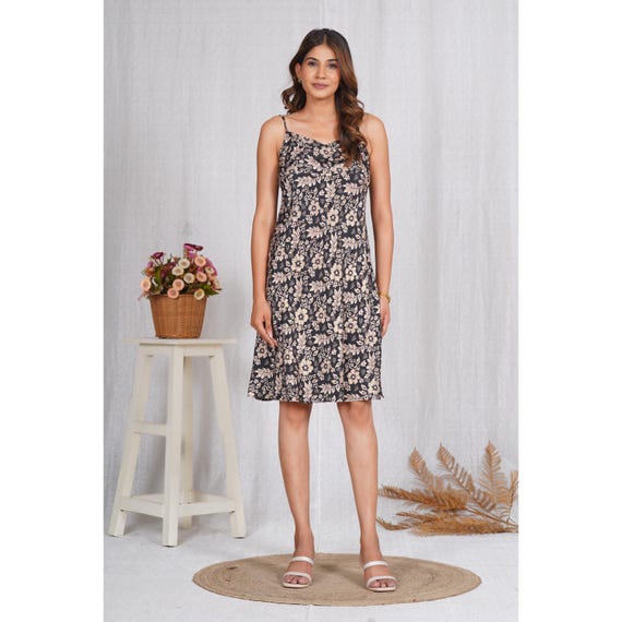 navy blue dress for baby girl Rayon Viscose Floral Midi Dress, Sleeveless A-Line Boho Sundress