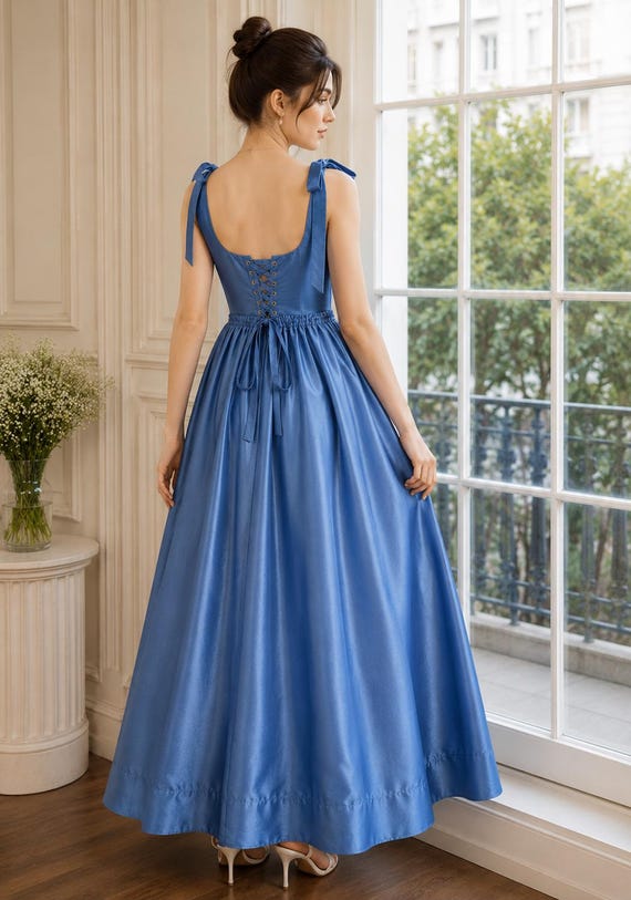 Elegant Blue Taffeta Maxi Dress for Women, Sleeveless Formal Evening Gown, Princess A-Line Prom Dress