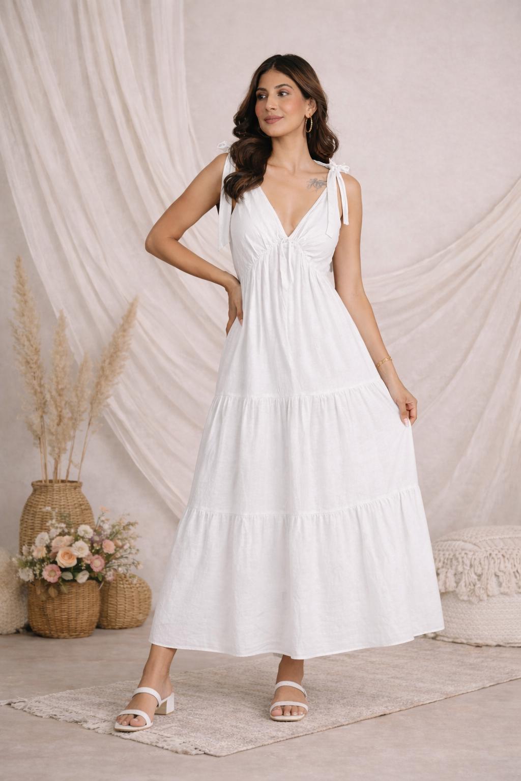 chinese dress ladies White Linen Tiered Dress – A Beautiful Closet 202-394-4115 main image 0