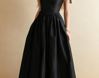 Abito lungo nero in seta dupion da donna, elegante abito con spalline da annodare, abito lungo a trapezio con scollo quadrato, abito da sera formale, abito da damigella d'onore