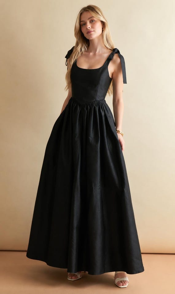 Black Dupion Silk Maxi Dress for Women, Elegant Tie Shoulder Gown, Square Neck A-Line Long Dress, Formal Evening Dress, Bridesmaid Dress