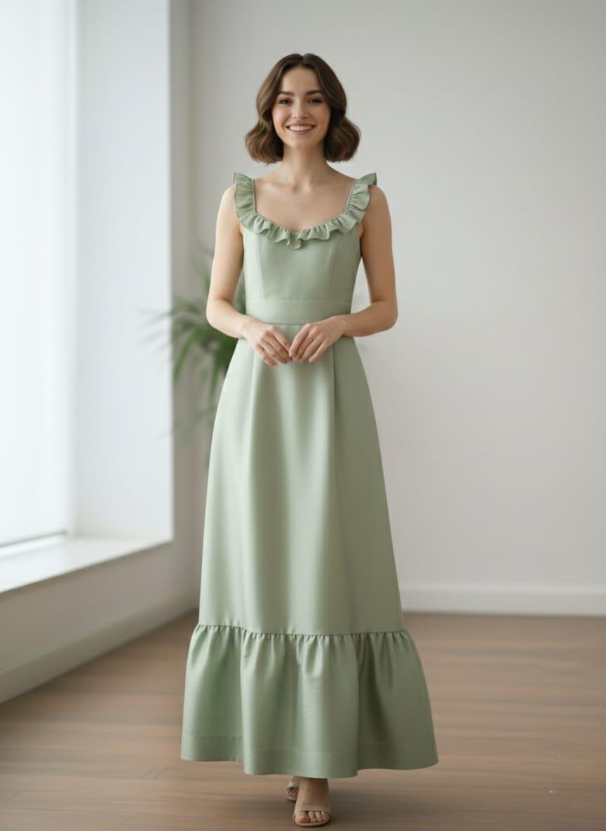 Mint Green Taffeta Maxi Dress, Ruffle Strap Cottagecore Wedding Guest Dress
