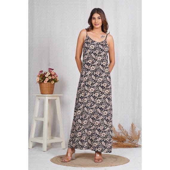 Black Floral Viscose Rayon Maxi Dress, Sleeveless Boho Summer Beach Style