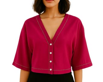 Women’s Linen Crop Top, Pink Button Front Blouse, Minimalist Summer Linen Shirt