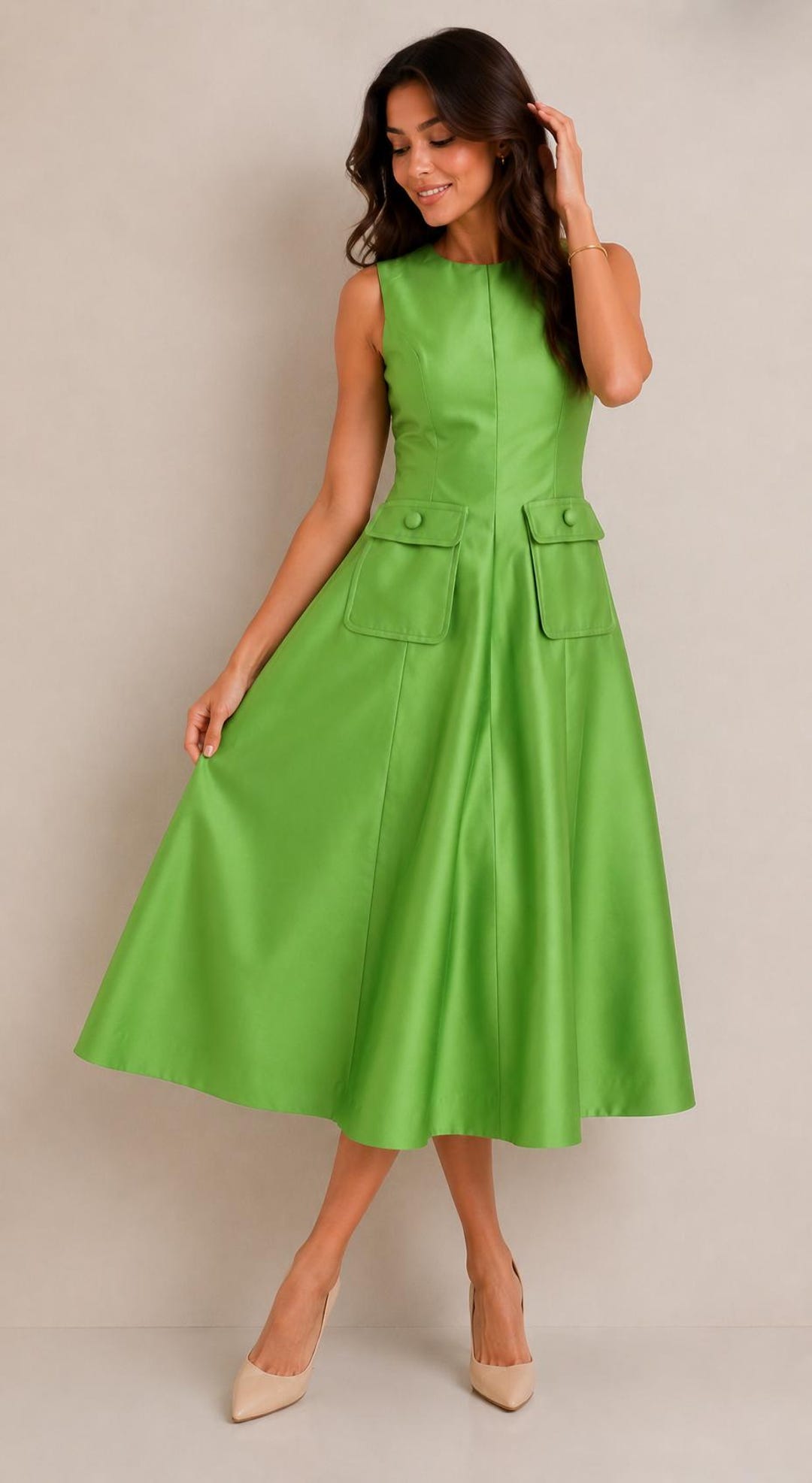 green dupioni dress Silk Midi Dress, Sleeveless A-Line Dress, Elegant Cocktail Dress, Wedding Guest Dress, Formal Party Flare dress