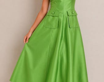 Green Silk Dupioni Midi Dress, Sleeveless A-Line Dress, Elegant Cocktail Dress, Wedding Guest Dress, Formal Party Dress