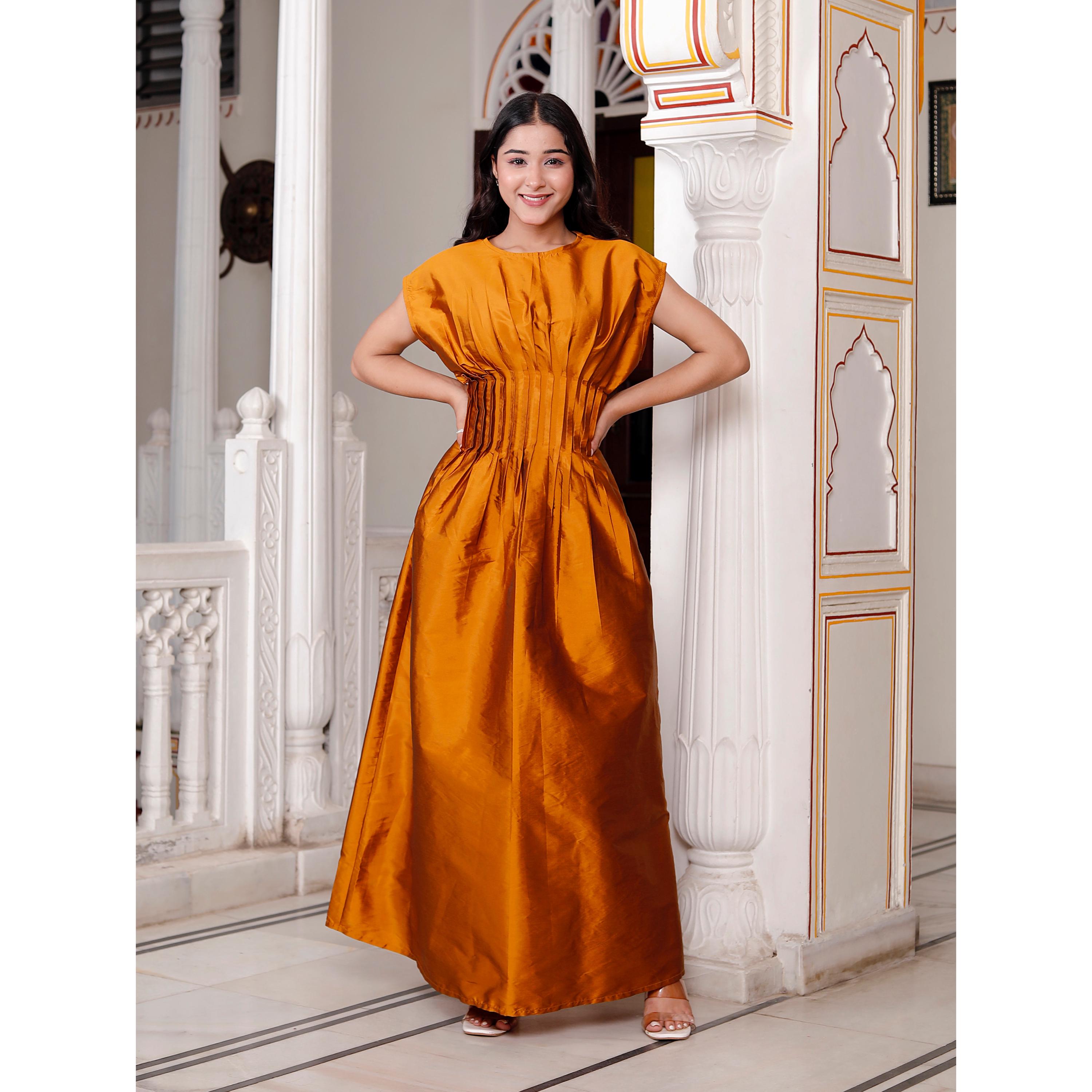 Orange Taffeta Maxi Dress, Pleated Waist Evening Gown, Elegant Formal Party Dress for Women