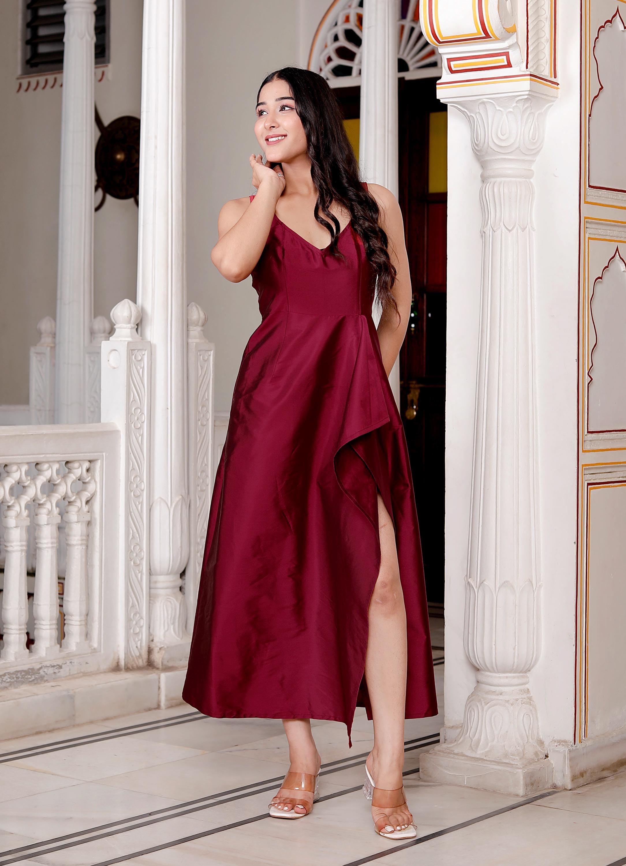 burgundy taffeta dress Women’s Burgundy Taffeta Dress, Sleeveless High Slit Gown, Wedding Guest  Formal Dress