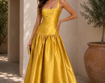 Gold Silk Dupioni Drop Waist Maxi Dress, Square Neck Formal Evening Gown, Elegant Wedding Guest Ball Gown