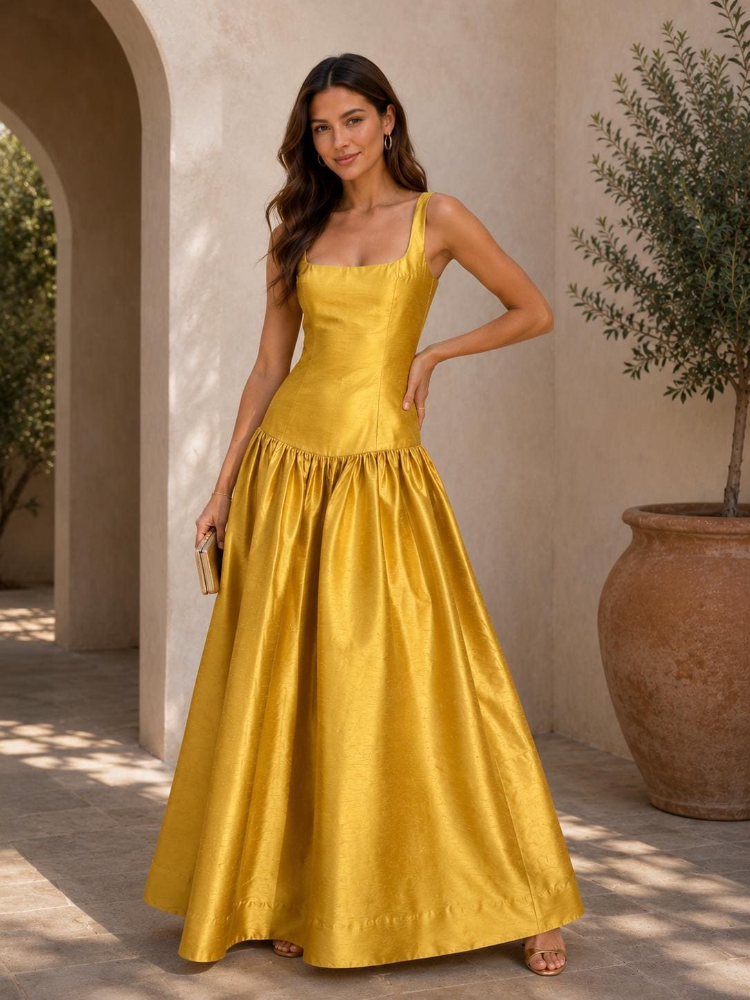 Gold Silk Dupioni Drop Waist Maxi Dress, Square Neck Formal Evening Gown, Elegant Wedding Guest Ball Gown