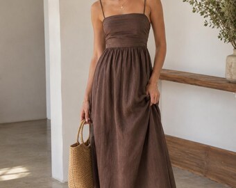 Brown Linen Maxi Dress, Linen Summer Dress Women, Spaghetti Strap Dress, Cottagecore Dress, Linen Vacation Dress, Wedding Guest Dress
