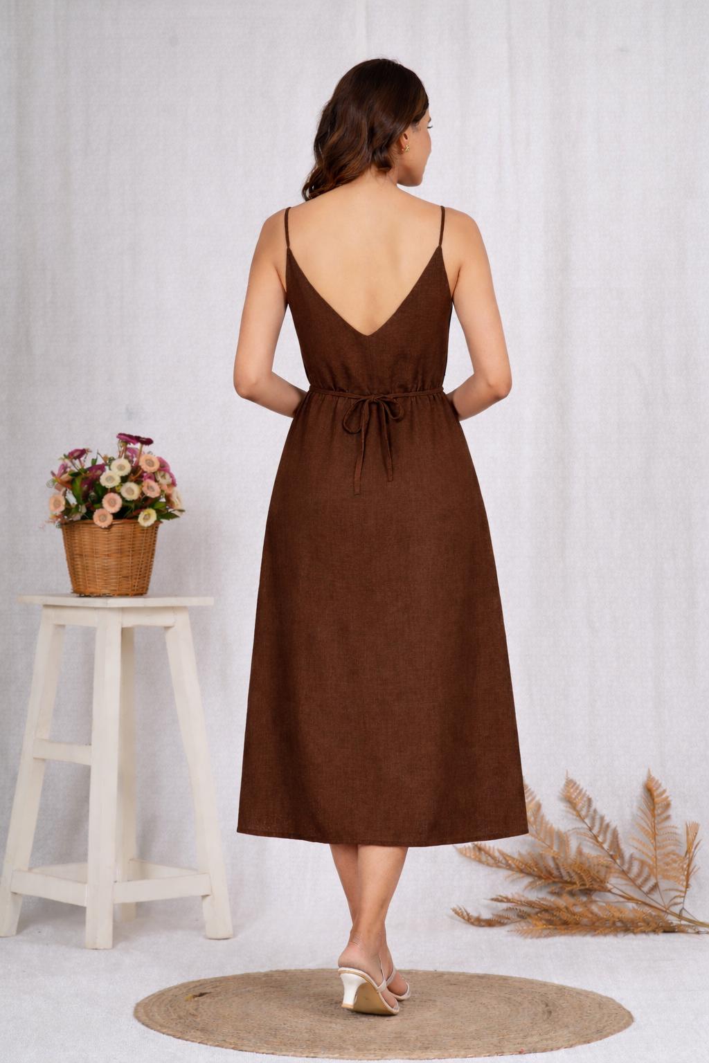 brown linen slip dress for Women, Spaghetti Strap Linen Midi Dress, Minimalist Summer Dress, Casual Linen Clothing, Vacation Outfit A-line Homecoming dress effortless dressing Vtg Gunne Sax Jessica Ladies dresses Size:Child Large