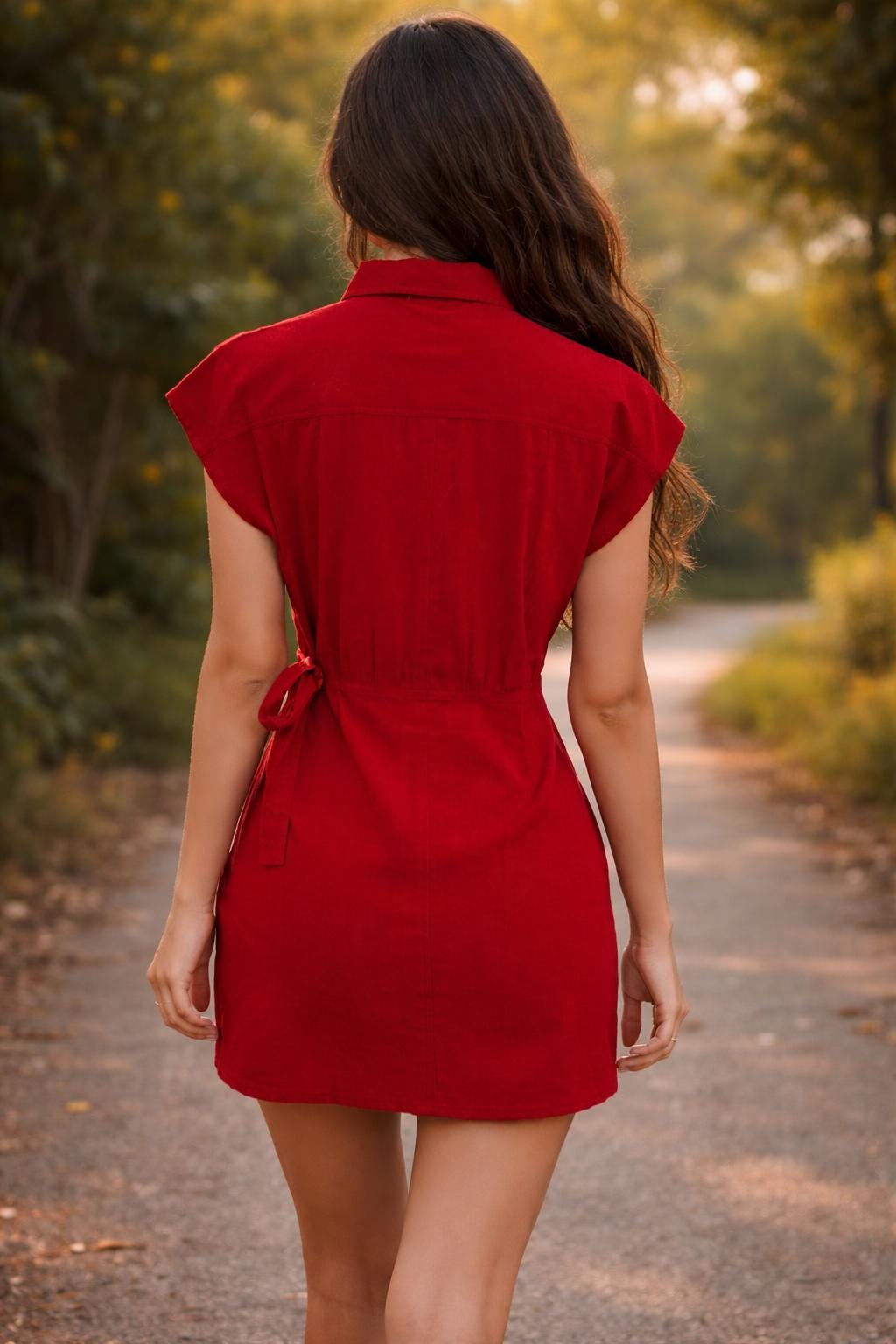 Red Linen Mini Wrap Dress, Button Shirt, Tie Waist