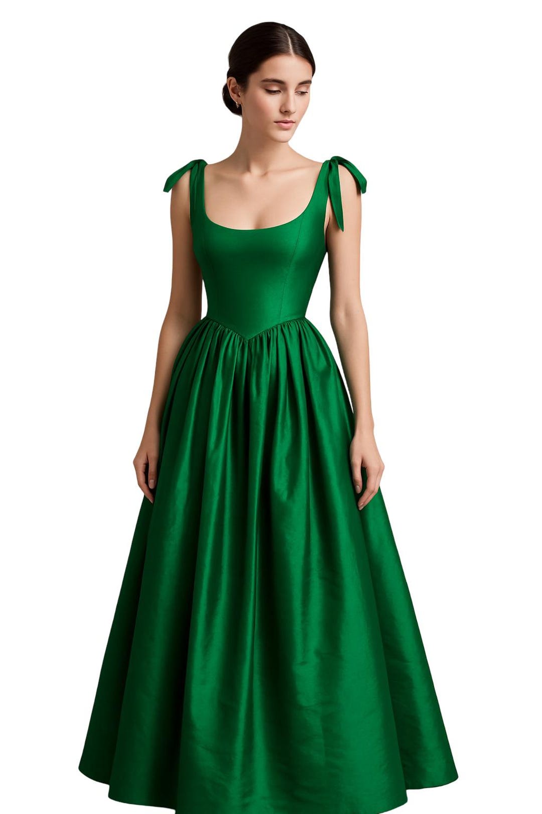 Emerald Green Taffeta Maxi Dress, Elegant Formal Evening Gown, Bow Strap Wedding Guest Dress Emerald Green Taffeta Maxi Dress, Elegant Formal Evening Gown, Bow Strap Wedding Guest Dress