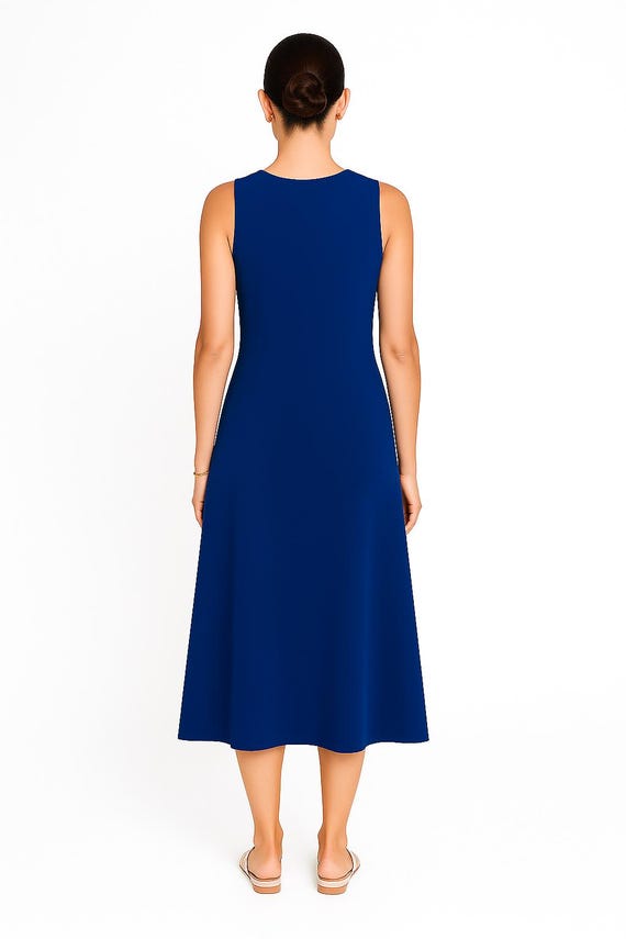 Royal Blue Sleeveless Midi Dress: Elegant Cotton A-Line Summer Outfit