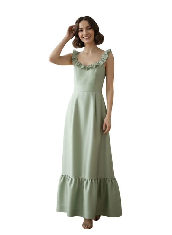 Mint Green Taffeta Maxi Dress, Ruffle Strap Cottagecore Wedding Guest Dress  - Etsy