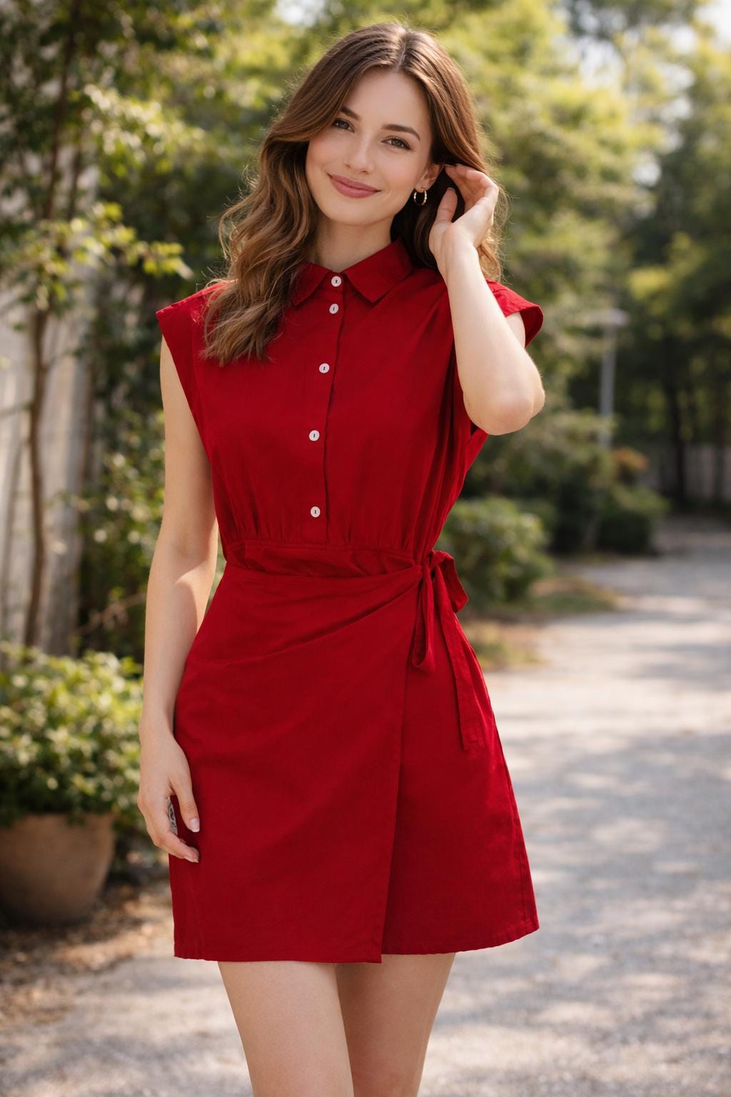Red Linen Wrap Mini Dress, Sleeveless Button-Front Shirt, Summer Casual Chic Outfit