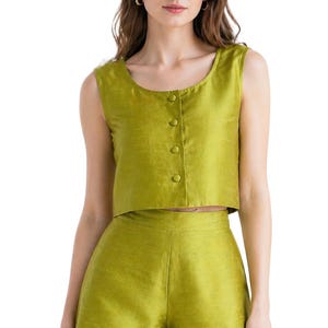 Dupion Silk Co-Ord Set, Olive Green Crop Top & Shorts Set, Minimal Linen Look Outfit, Summer Two Piece Set for Women