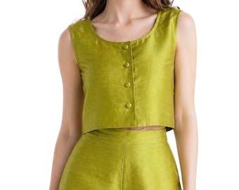 Dupion Silk Co-Ord Set, Olive Green Crop Top & Shorts Set, Minimal Linen Look Outfit, Summer Two Piece Set for Women