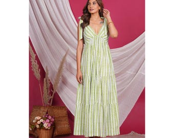 Vestido largo de algodón estampado verde, vestido veraniego sin mangas de estilo bohemio.