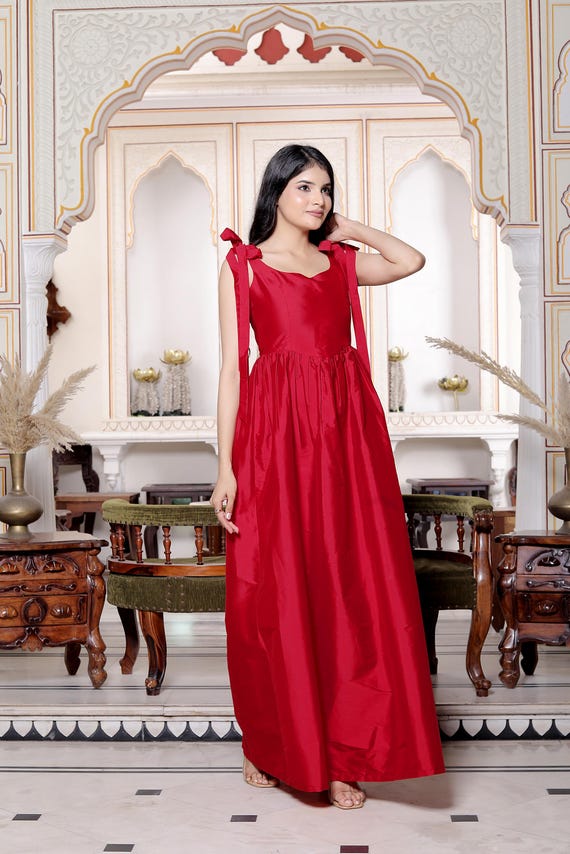 red dress with tie straps Women's Bright red Smocked-bodice tie-strap dress