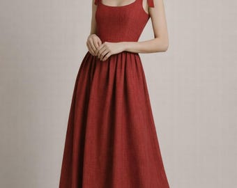 Red Linen Maxi Dress, Sleeveless Tie Strap Summer Dress