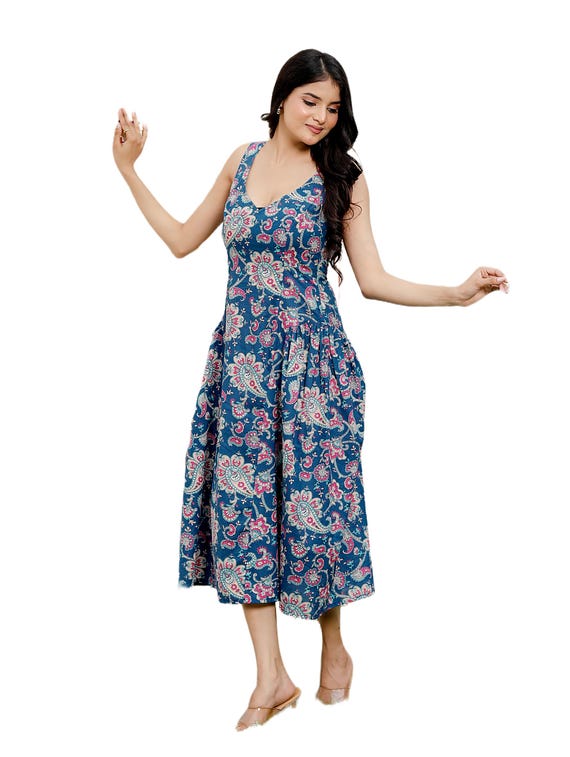 Blue Paisley Cotton Midi Dress for Women , Sleeveless Hand Block Print Summer Boho Dress