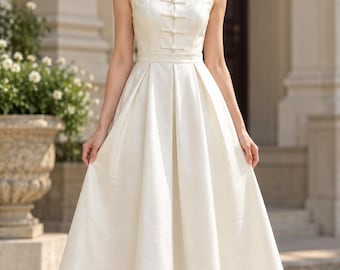 Ivory Silk Dupioni Dress for Women, Elegant Mandarin Collar A Line Dress, Sleeveless Silk Midi Dress, Luxury Wedding Guest Dress