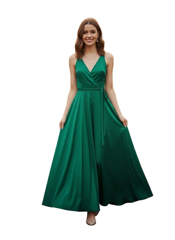 Green Taffeta Wrap Maxi Dress, Elegant Sleeveless Evening Party Dress