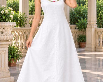 Hand Embroidered Cotton Poplin Dress, White Handwork Maxi Dress, Floral Embroidery Cotton Dress, Handmade Summer Dress, Women’s Long Dress