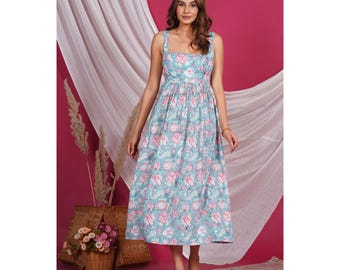 Cotton Floral Midi Dress, Sleeveless Summer Sundress, Vintage Style Cottagecore