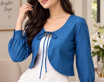 Blue Silk Dupioni Top for Women, Elegant Cropped Blouse, Lace Up Tie Front Silk Top, Long Sleeve Party Wear, Handmade Luxury Clothing