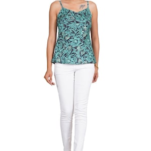 Floral Rayon Cami Top – Black Green Printed Spaghetti Strap Tank, Summer Casual Sleeveless Blouse for Women
