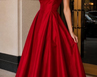 Vestido midi de seda dupioni roja, elegante vestido de noche formal, vestido de fiesta de inspiración vintage, vestido para invitada de boda, hecho a medida.