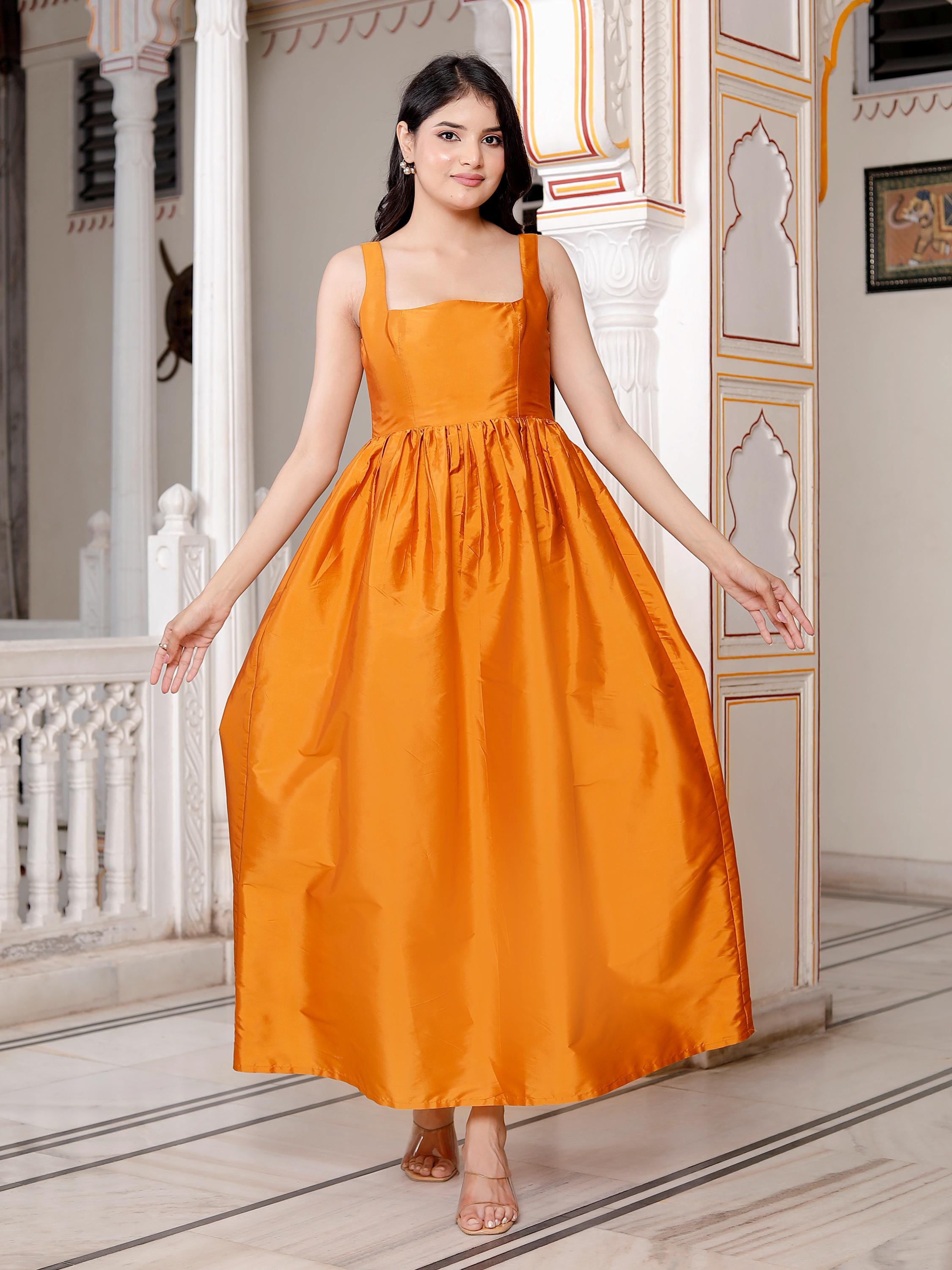 Orange Taffeta Maxi Dress, Elegant Sleeveless Party Dress, Wedding Guest Evening Gown For Women Orange Taffeta Maxi Dress, Elegant Sleeveless Party Dress, Wedding Guest Evening Gown For Women