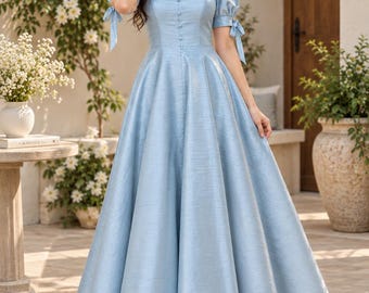 Silk Dupioni Midi Dress for Women, Light Blue A-Line Dress, Puff Sleeve Dress, Square Neck Dress, Elegant Summer Party Dress