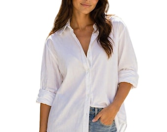 Camisa de algodón popelín blanca extragrande, blusa clásica con cuello, blusa informal para la oficina.
