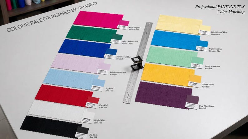 Pu&ograve; includere: Una tavolozza di colori con campioni di tessuto rettangolari in varie tonalit&agrave; tra cui magenta, smeraldo, cobalto, lavanda, azzurro, rosso, bianco, nero, giallo, ciano, menta, giallo oro e prugna, con un righello metallico da 30 cm e una lente.