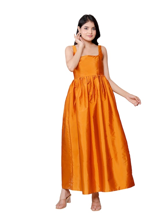 Orange Taffeta Maxi Dress, Elegant Sleeveless Party Dress, Wedding Guest Evening Gown For Women Orange Taffeta Maxi Dress, Elegant Sleeveless Party Dress, Wedding Guest Evening Gown For Women