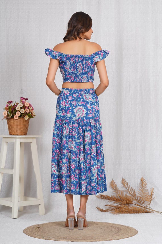 floral two piece midi dress Blue Floral Two Piece Midi Set BW Threads
