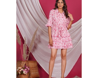 Hand Block Print Baumwolle Mini Kleid, Floral Boho Sommer Stufenkleid