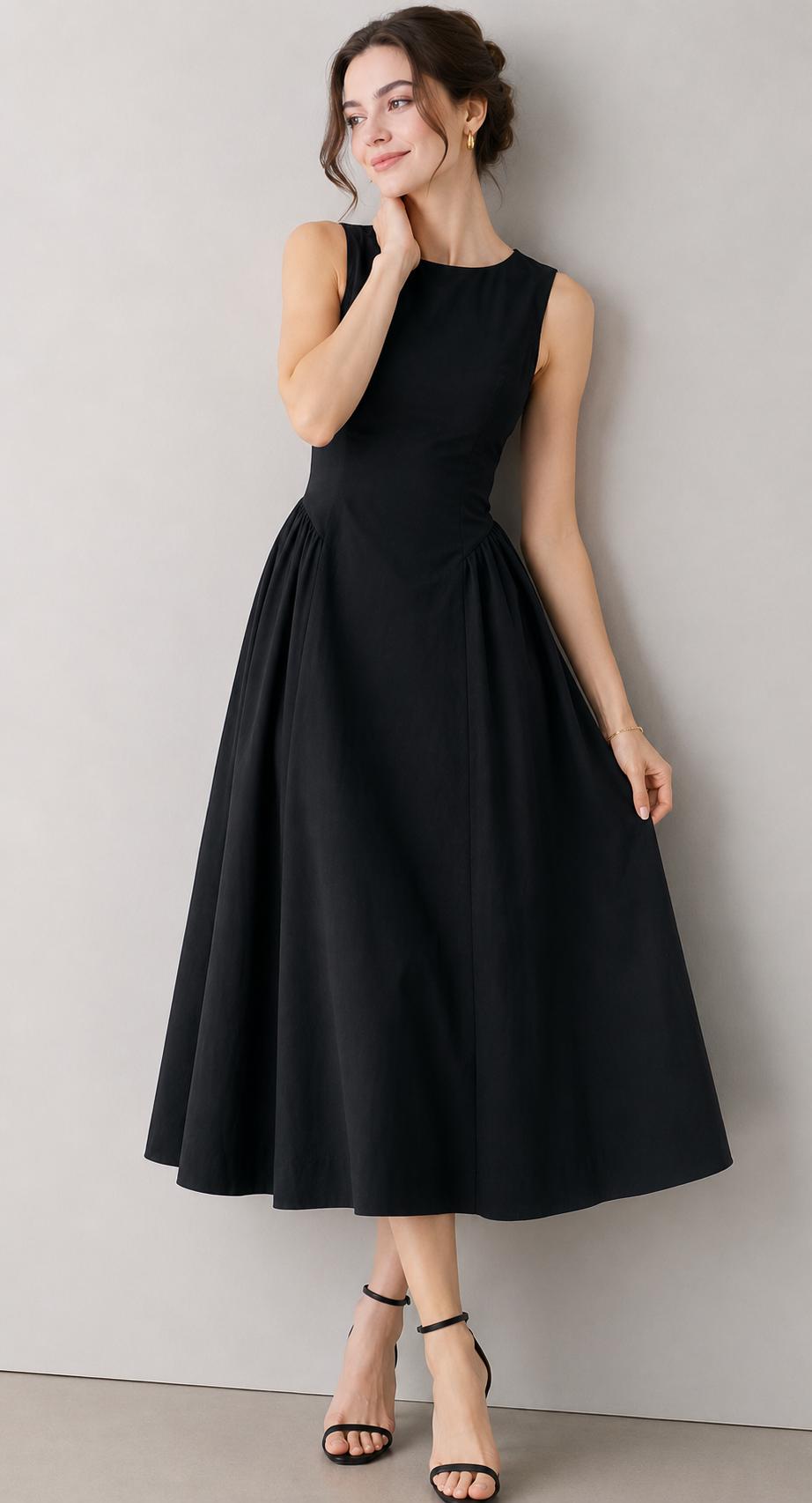Black Dupioni Silk Midi Dress