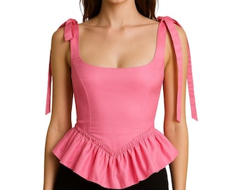 Pink Peplum Tie Strap Top for Women, Ruffle Hem Corset Tank Top, Feminine Summer Going Out Top