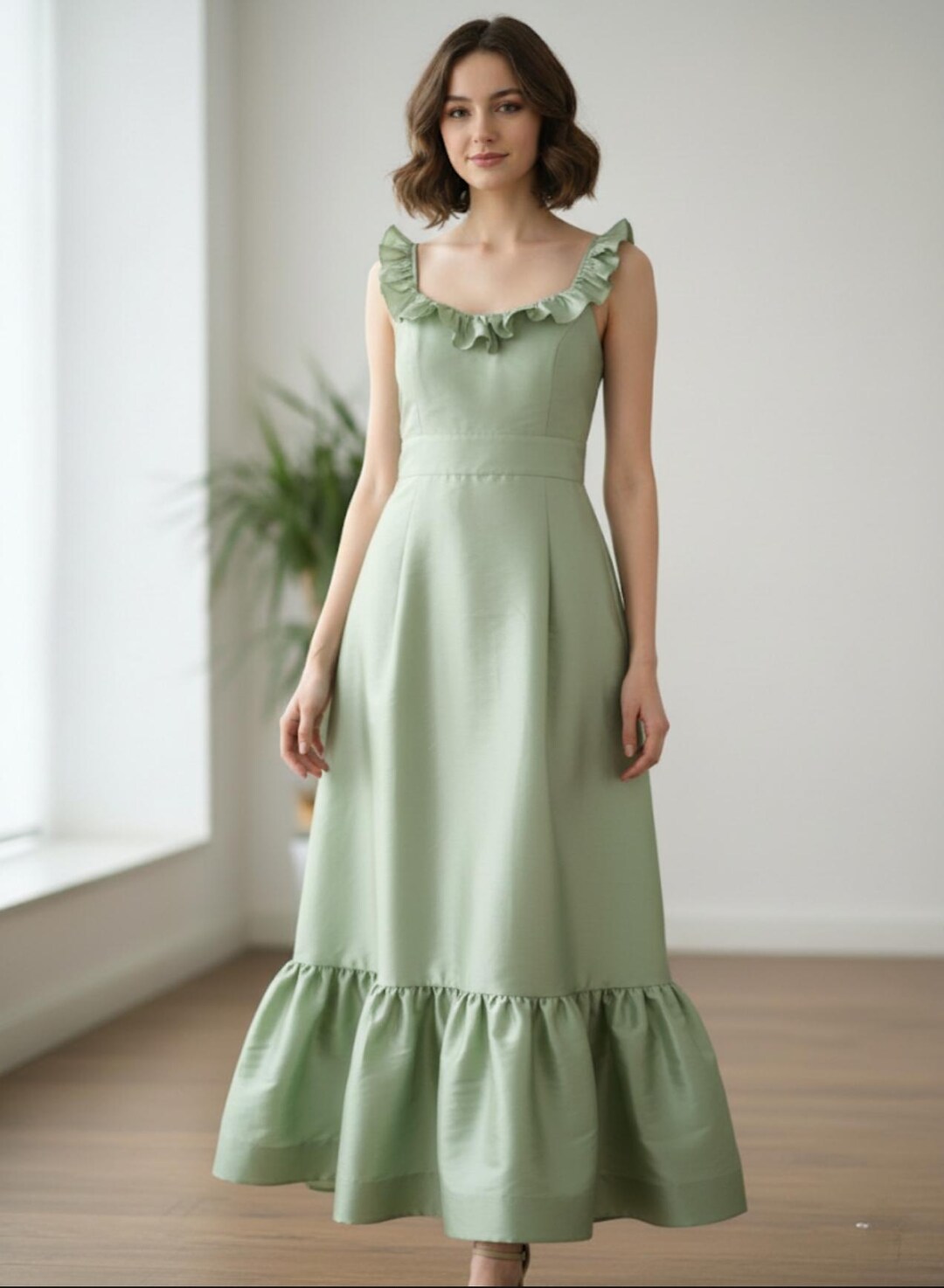 Mint Green Taffeta Maxi Dress, Ruffle Strap Cottagecore Wedding Guest Dress