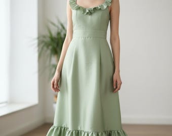 Mint Green Taffeta Maxi Dress, Ruffle Strap Cottagecore Wedding Guest Dress