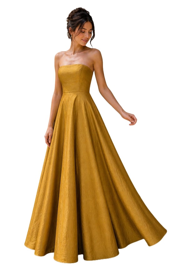 dress in golden colour Gold Dupioni Silk Strapless Maxi Dress, Raw Silk Evening Gown, Elegant Wedding Guest Dress, Luxury Party Gown, Handmade Silk gold sequin maxi dress