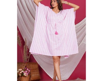 Handblock Print Cotton Kaftan Dress, Pink Boho Beach Cover Up