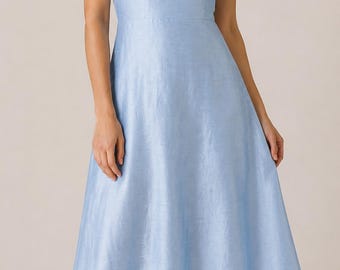 Sky Blue Silk Dupioni Maxi Dress, Romantic Ruffle Sleeve Dress, Elegant Wedding Guest Dress, Feminine Occasion Gown
