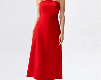 Red Taffeta Strapless Midi Dress, Elegant A-Line Party Dress